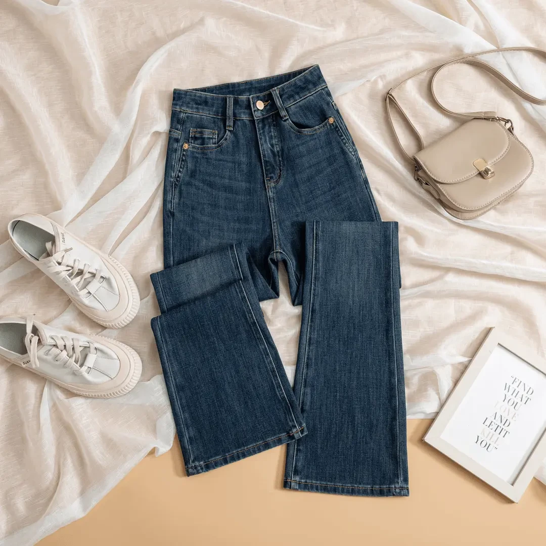 【F】慕斯蓝·完美弹修身高腰微辣牛仔裤小个子百搭显高显瘦微喇裤子