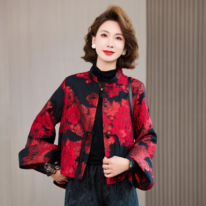复古奢华立体浮雕提花春季时尚国风盘扣中老年短外套长袖宽松上衣