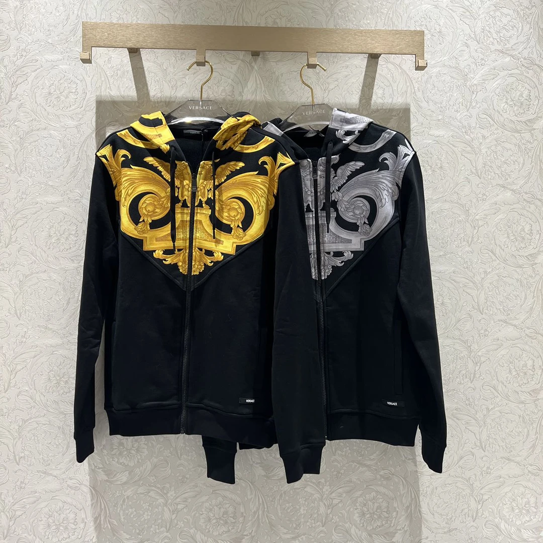 未使用 VERSACE/范思哲 男士黑色时尚印花连帽拉链长袖卫衣外套