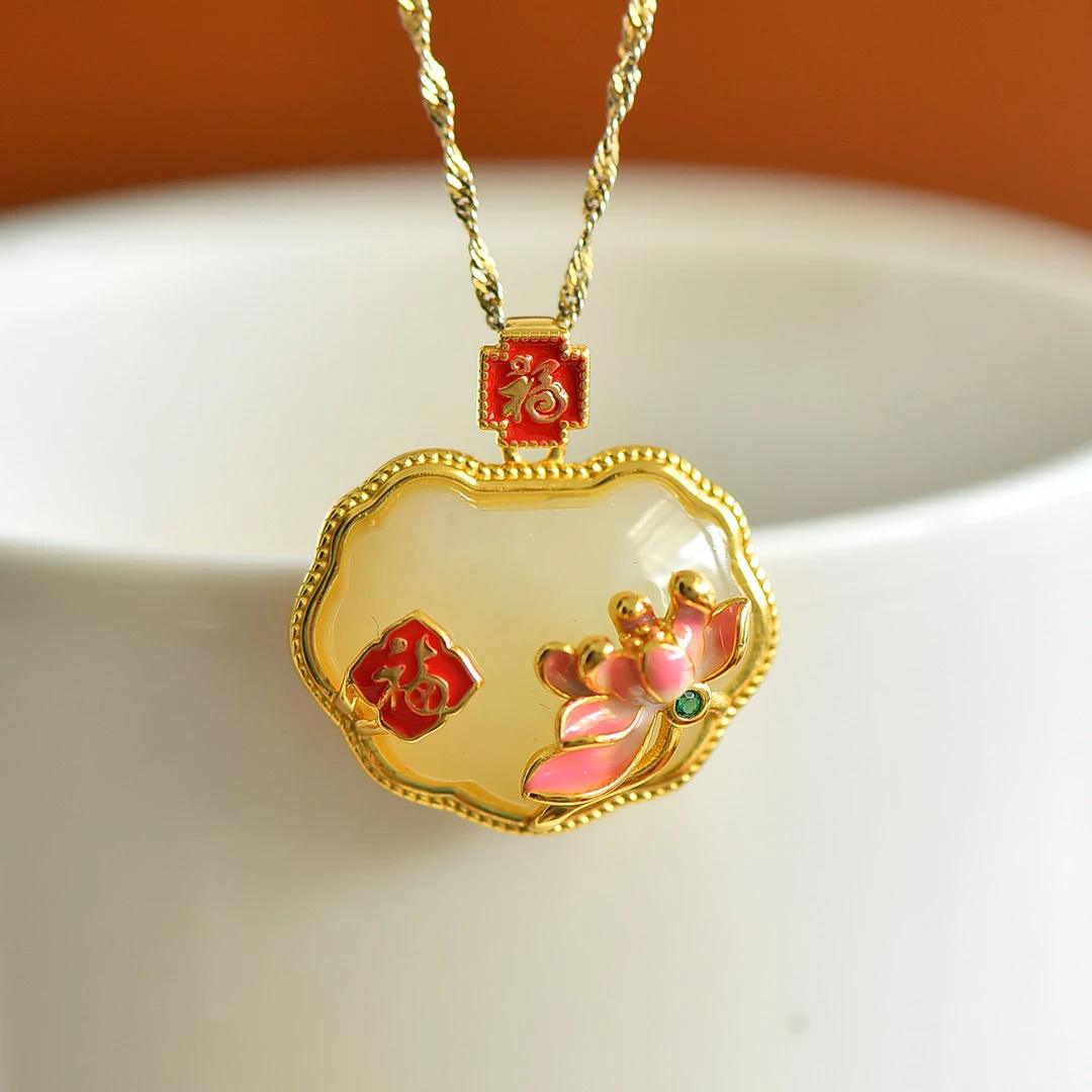 s925银镶和田玉白玉荷花吊坠多样性不含链3035#