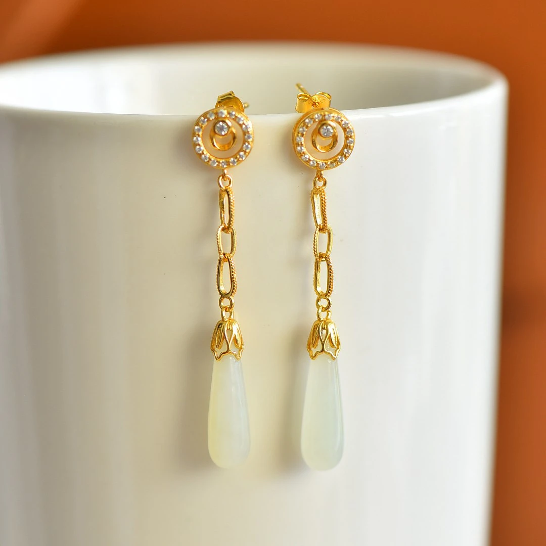 s925银镶和田玉柱形耳坠多样性2695#