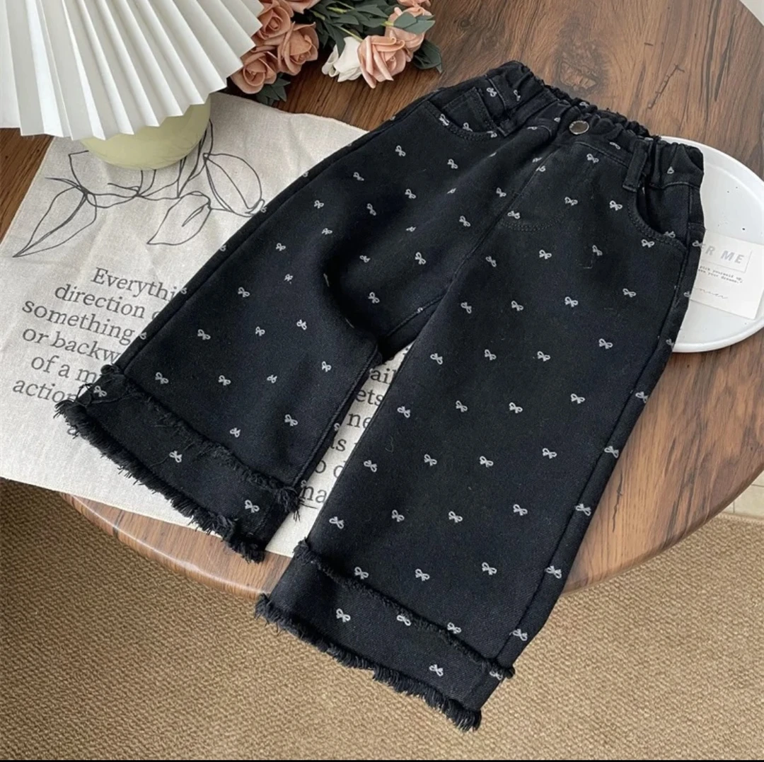 女童秋冬加绒加厚休闲裤蝴蝶结印花一体绒牛仔裤