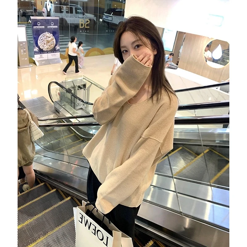 直播福利～～卡其色慵懒风长袖针织毛衣时尚百搭V领上衣宽松外穿