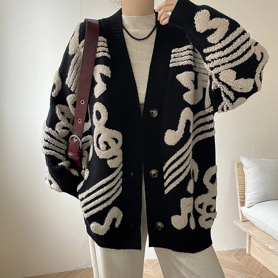 慵懒风音符毛巾绣毛衣外套2024秋冬新款潮流宽松显瘦V领开衫上衣