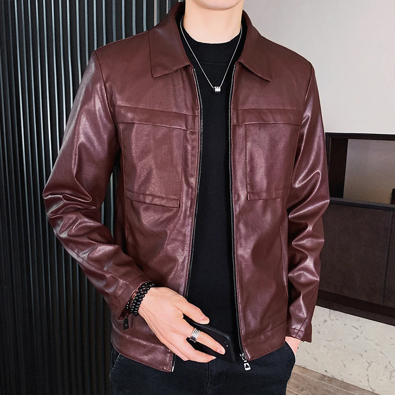 新款男士秋冬修身立领PU皮衣夹克-韩版翻领青少年休闲痞帅