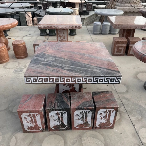 石桌石凳庭院花园户外阳台大理石幻彩红圆桌石头桌子茶几方形桌椅