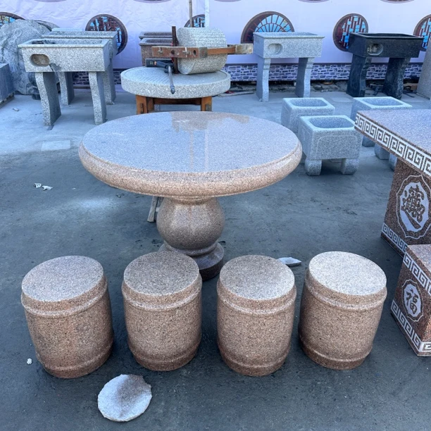 包邮虾红石桌石凳庭院户外花园石头家用桌子天然方形大理石圆桌