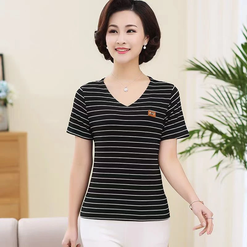 弹力棉条纹时尚春款短袖中年妈妈装