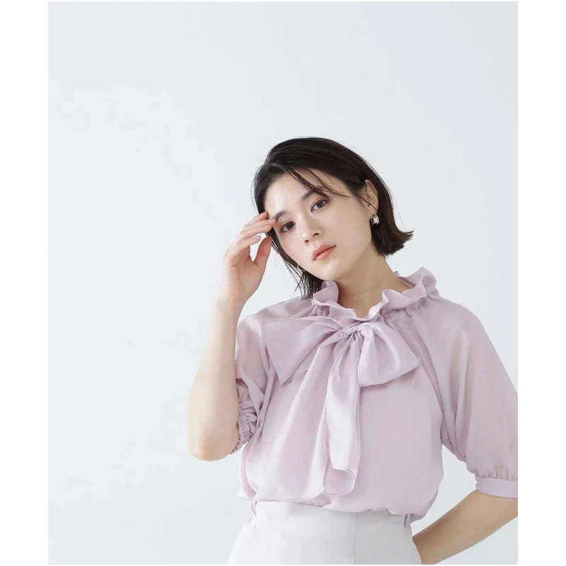 【MonTendre】日系品牌 夏季新款 N 纯色百搭蝴蝶结领透明褶皱衬衫