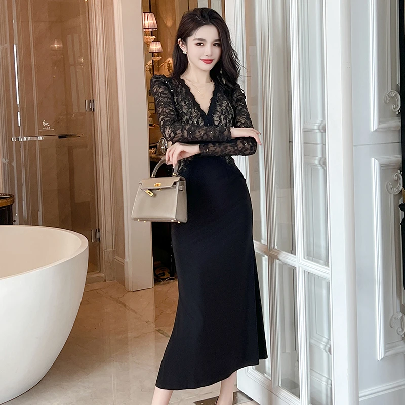 【周粥定制】法式蕾丝秋季复古修身女神气质收腰鱼尾裙 20698