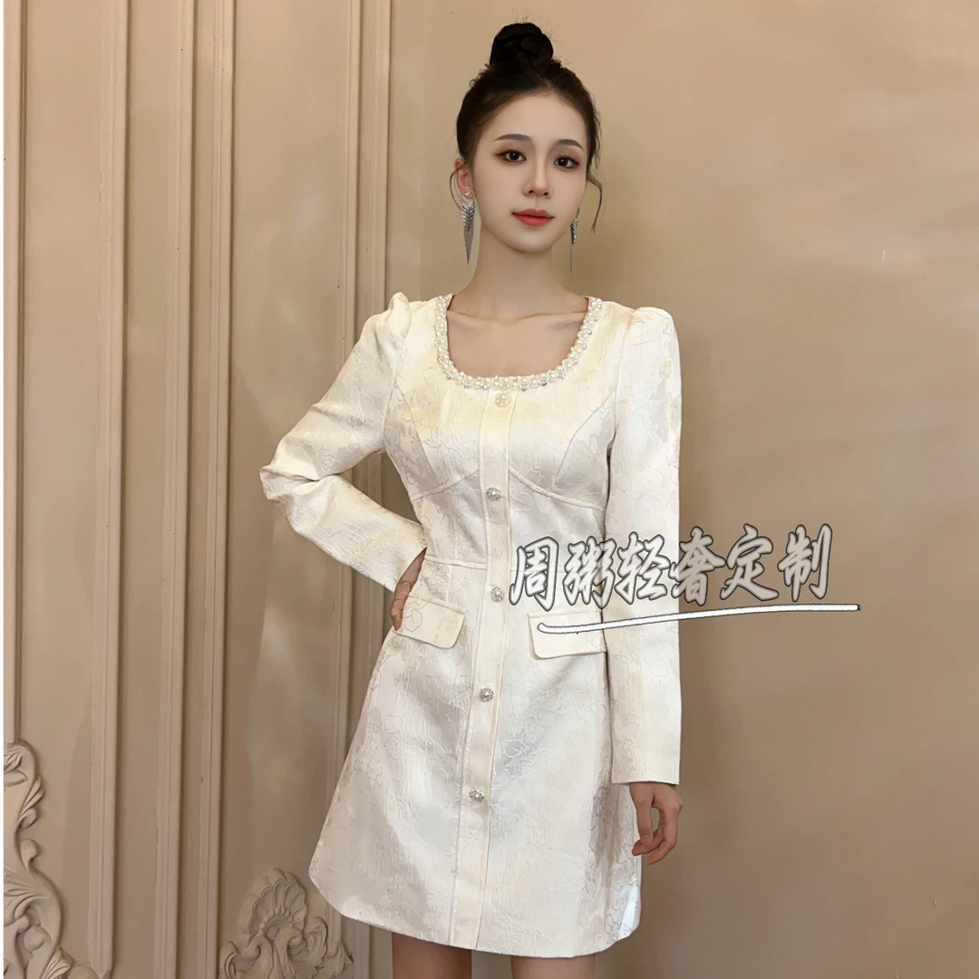【周粥定制】9827气质显瘦小香风名媛连衣裙法式收腰连衣裙