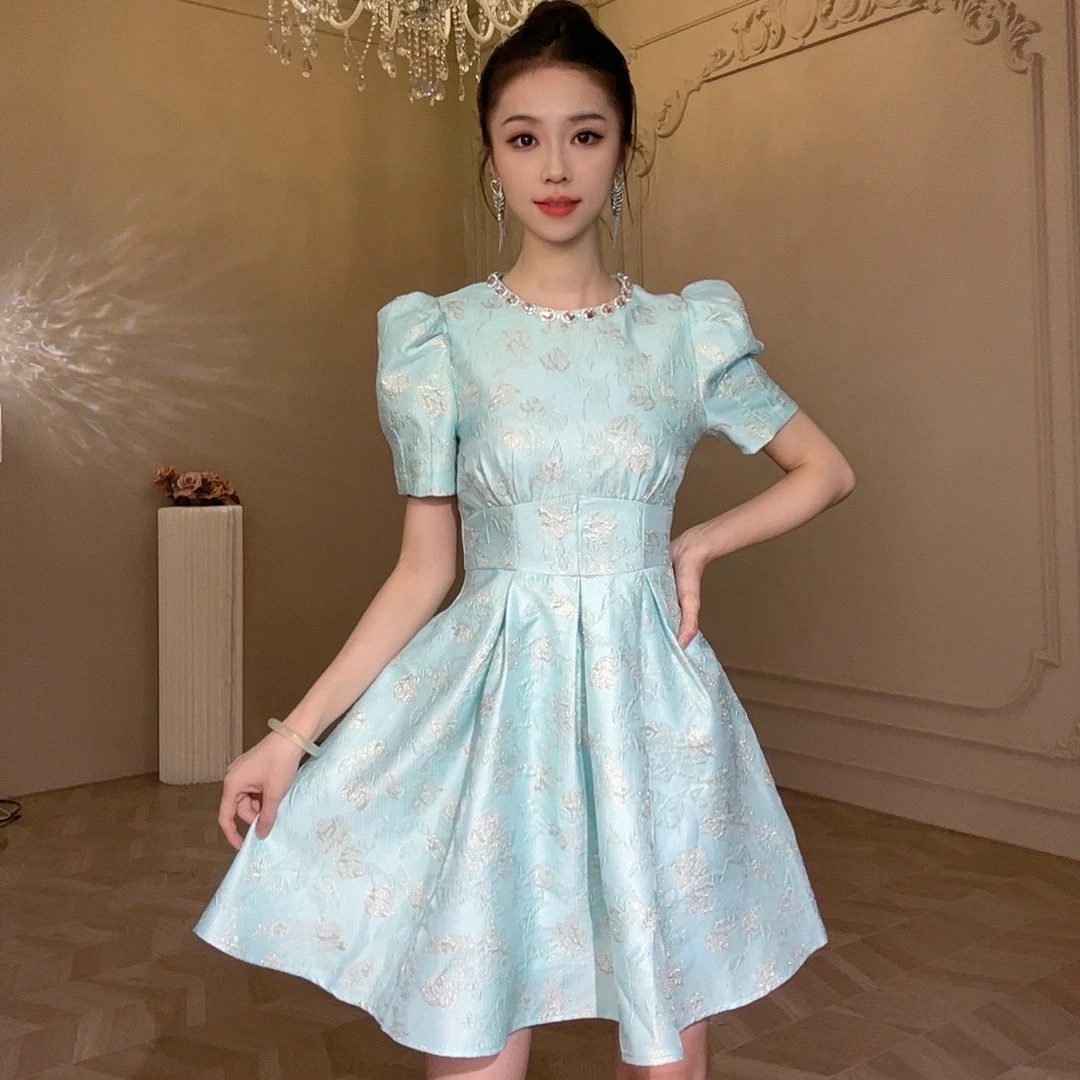 【原创定制】设计师时尚气质收腰日常泡泡袖百褶A字连衣裙70383