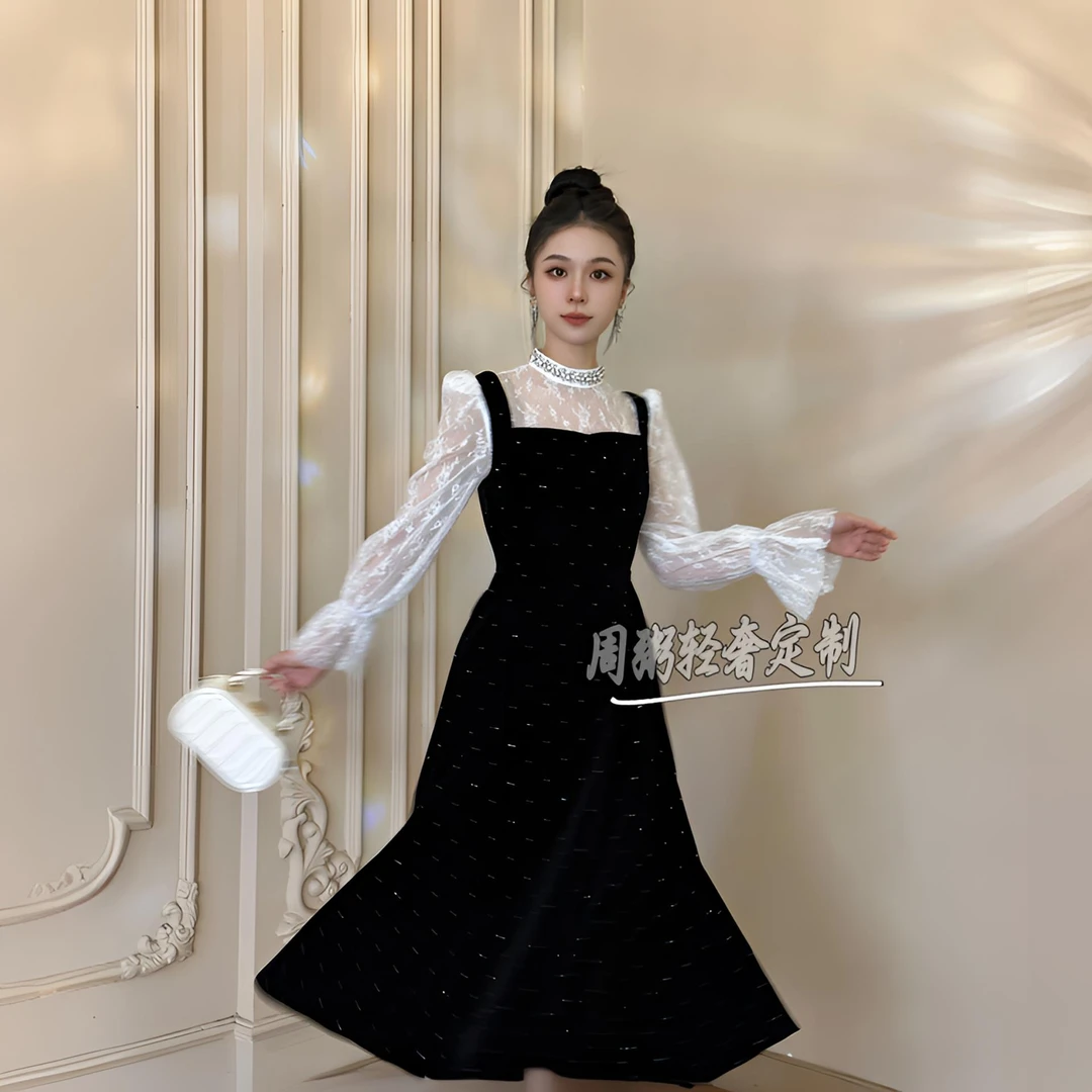 【周粥定制】新款黑色大裙摆修身百搭女装连衣裙9950