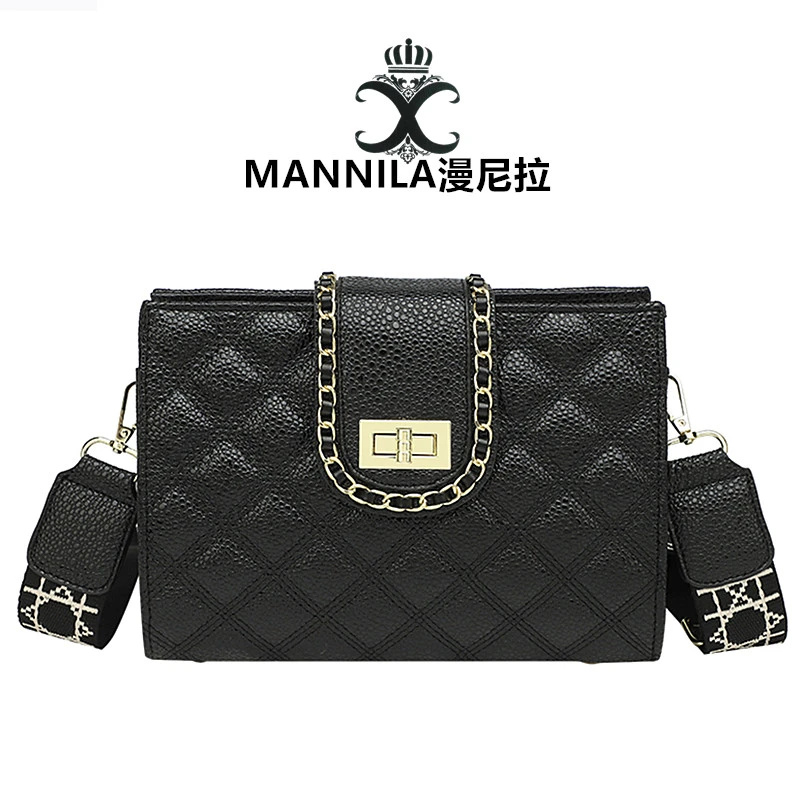 MANNILA/漫尼拉经典托特包小香风时尚百搭女士黑色单肩菱格