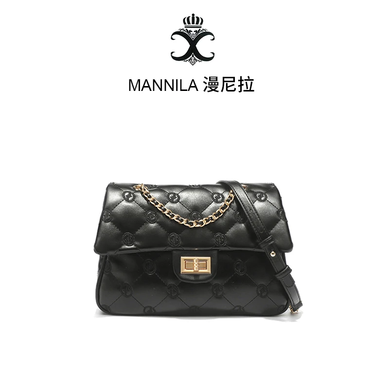 MANNILA/漫尼拉小香风轻奢时尚百搭女士黑色单肩菱格女士包包