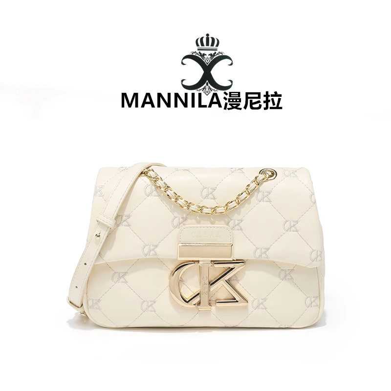 MANNILA/漫尼拉小香风时尚百搭米白色菱格单肩腋下包