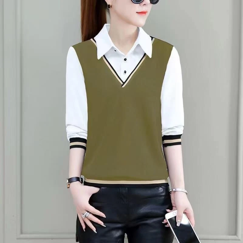 长袖衬衫女士2024新款春夏洋气时尚假两件上衣服女士衬衣