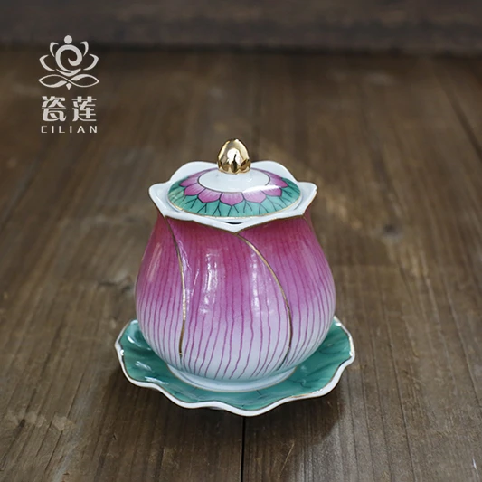 荷花杯供水杯陶瓷圣水杯精致净水杯家居陶瓷带盖水杯描金杯