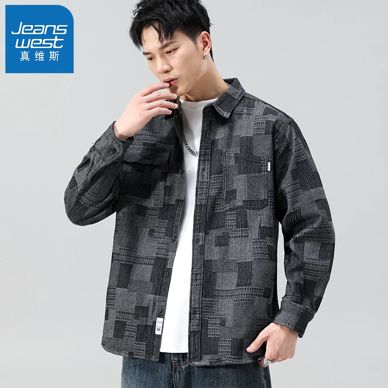 Jeanswest/真维斯牛仔夹克男休闲长袖宽松百搭格子上衣服提花印花