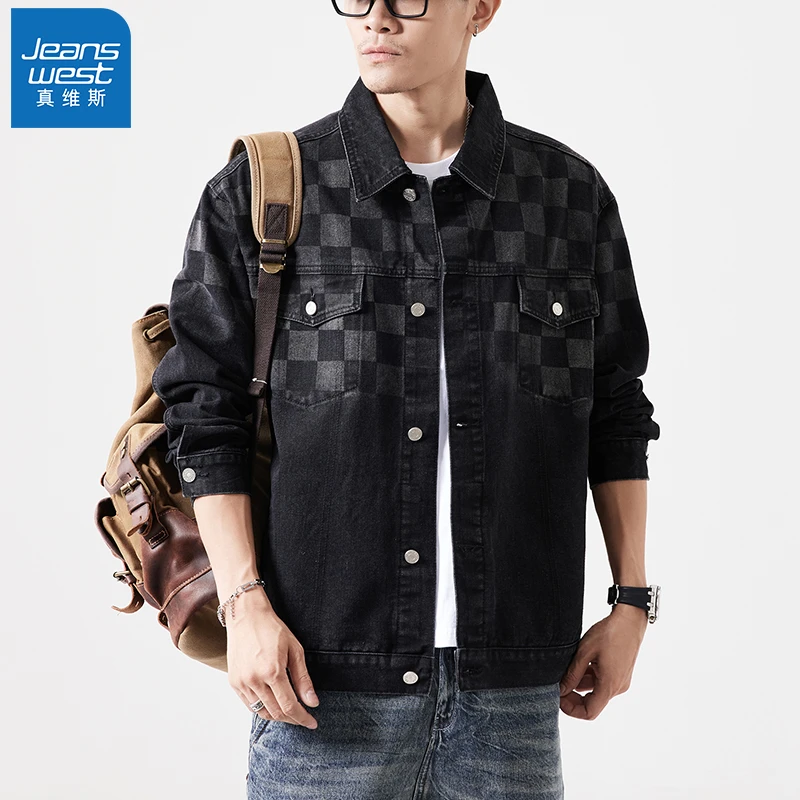 Jeanswest/真维斯春季新款牛仔外套男宽松百搭潮流夹克棋盘格上衣