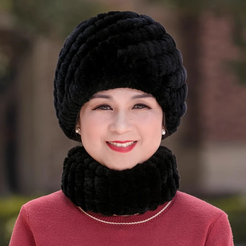 兔毛包头保暖帽女秋冬抗寒中老年爷爷奶奶帽妈妈毛线帽子加厚新款