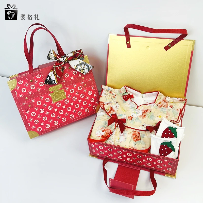 婴格礼新生儿婴儿礼盒女宝宝夏季中国风纯棉连衣裙流苏旗袍满月礼