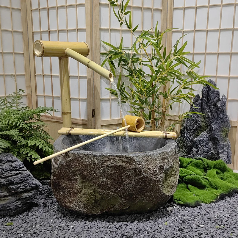 中式石臼流水摆件庭院竹子循环鱼池水景户外阳台花园造景园林装饰