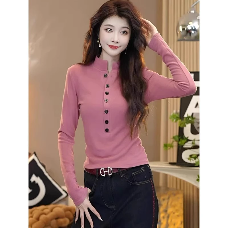 芊芊芙双面绒立领长袖t恤打底衫女春秋2025新款慵懒洋气内搭上衣