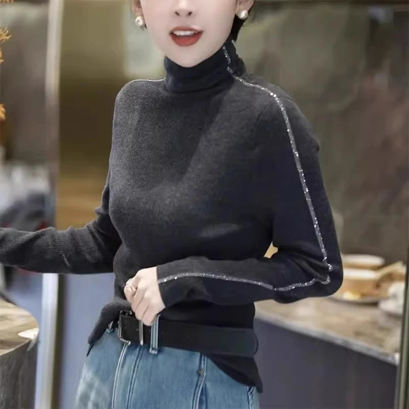 芊芊芙精纺绵烫钻高领针织衫女秋冬2024新款时尚洋气打底衫上衣