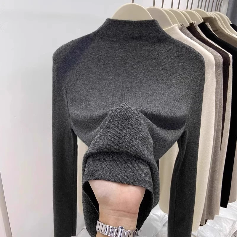 芊芊芙半高领打底衫女春秋软糯毛衣洋气小香风内搭灰色针织衫上衣
