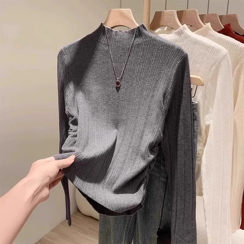 芊芊芙灰色复古显白气质针织衫女春秋修身半高领软糯毛衣别致上衣