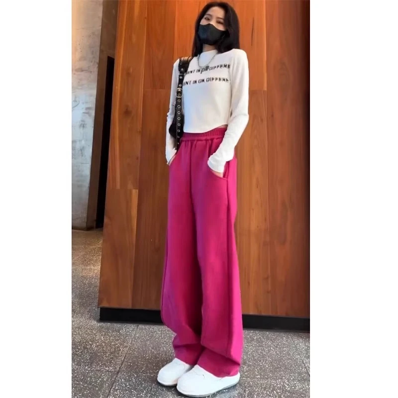 芊芊芙红色高腰阔腿香蕉裤女2025春秋新款加绒宽松休闲直筒长裤子
