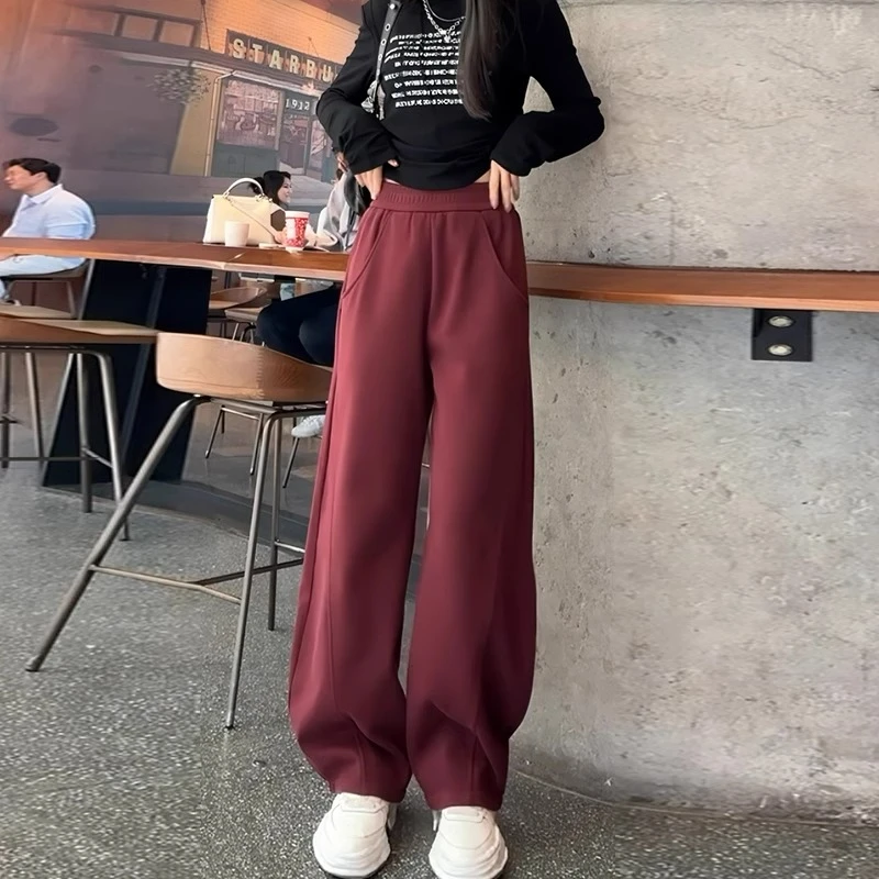 芊芊芙酒红色运动裤子女春秋2025新款爆款休闲香蕉裤加绒加厚卫裤