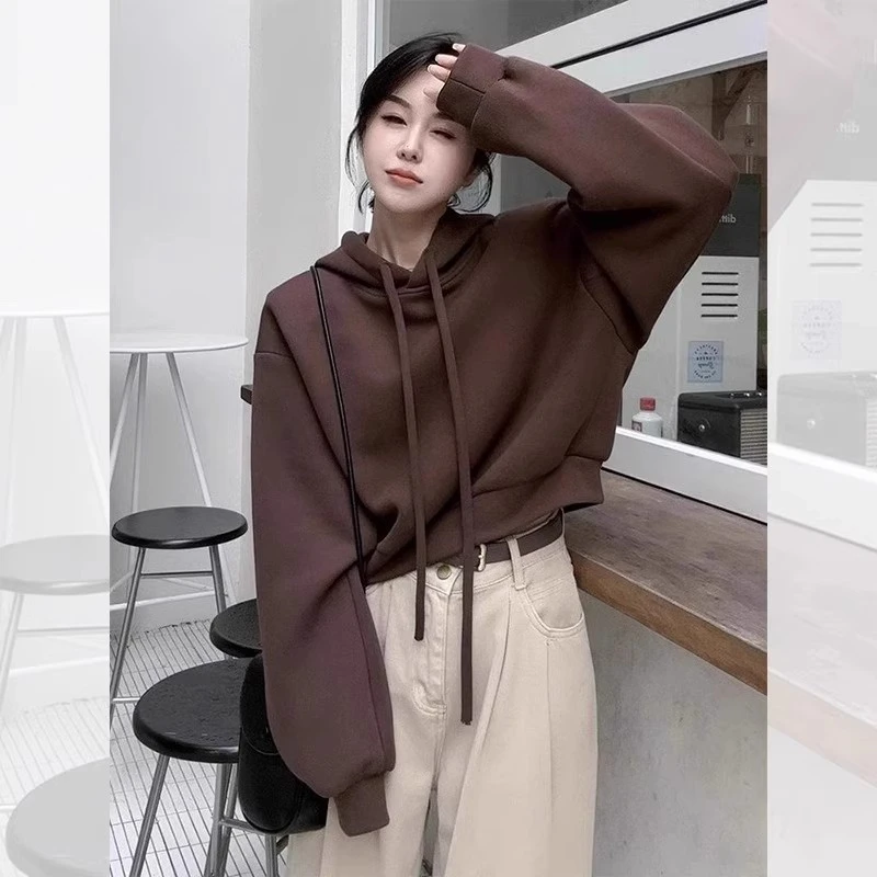 芊芊芙美拉德穿搭棕色卫衣女款2025新款春秋季连帽衫宽松短款上衣