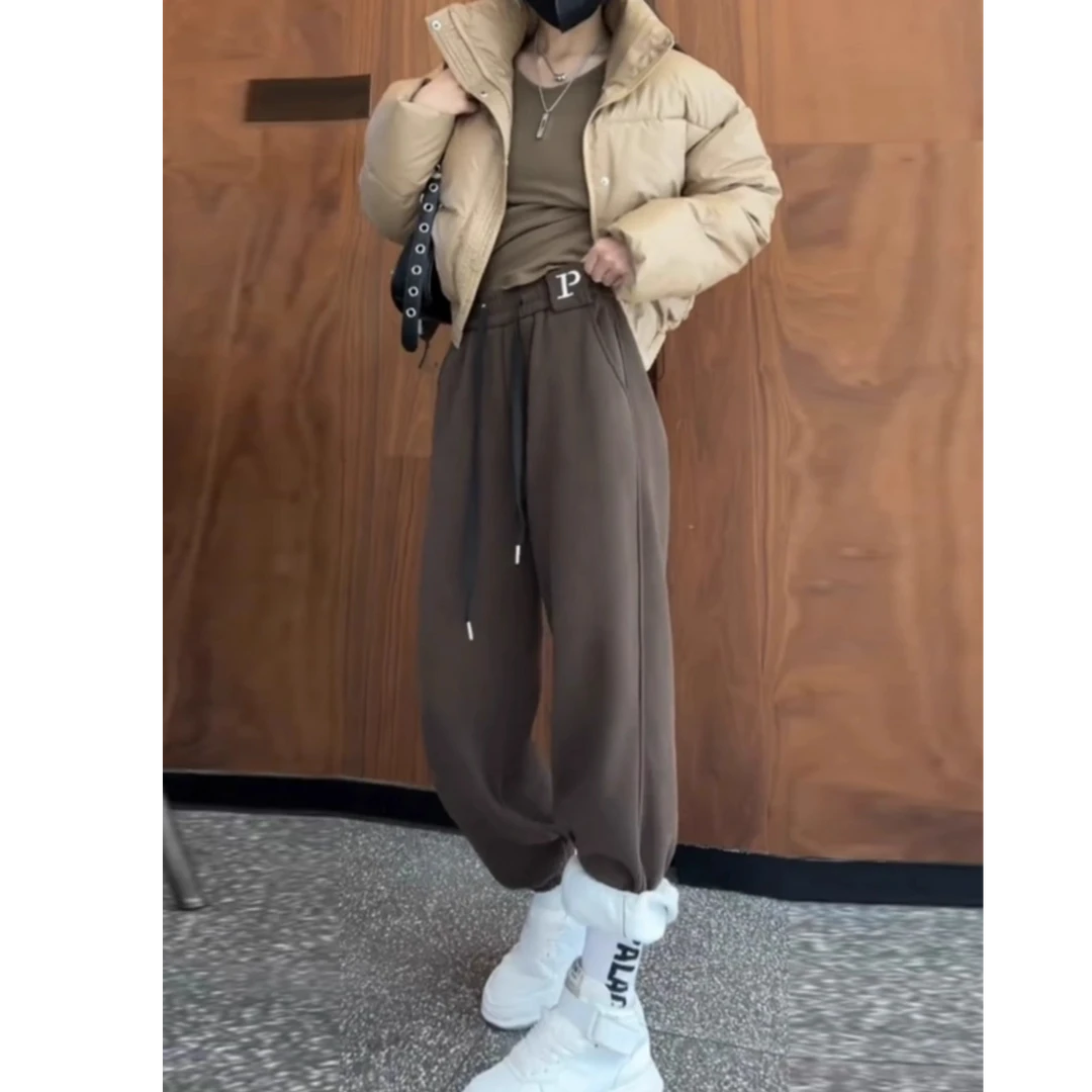 芊芊芙小个子花灰色P字母束脚九分运动裤女春秋加绒厚款休闲卫裤