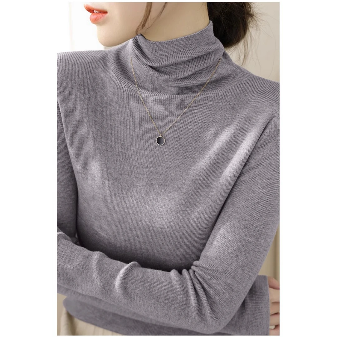 芊芊芙高级法式灰色堆堆高领打底衫女长袖高级感内搭显瘦别致上衣