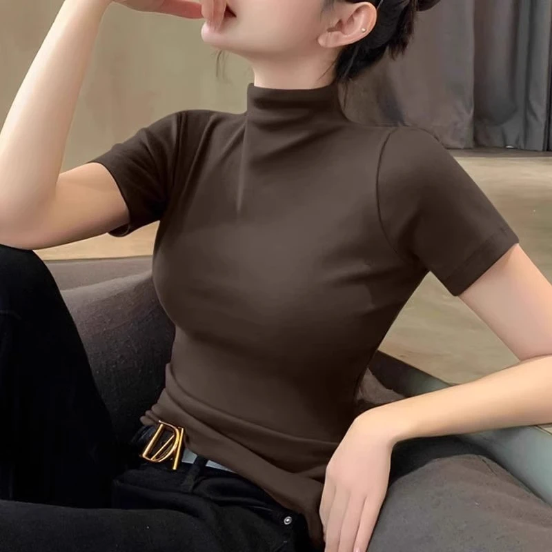 芊芊芙半高领短袖T恤女春秋薄款咖色修身内搭上衣气质半袖打底衫
