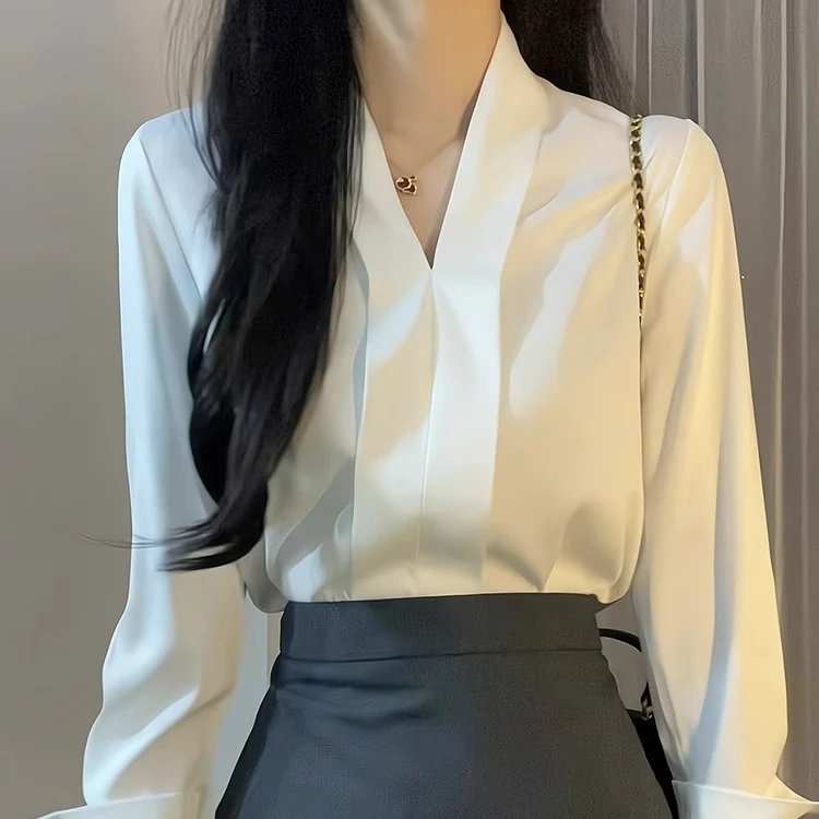 芊芊芙白色正装v领职业装衬衫女春秋气质职场轻熟风女装通勤上衣