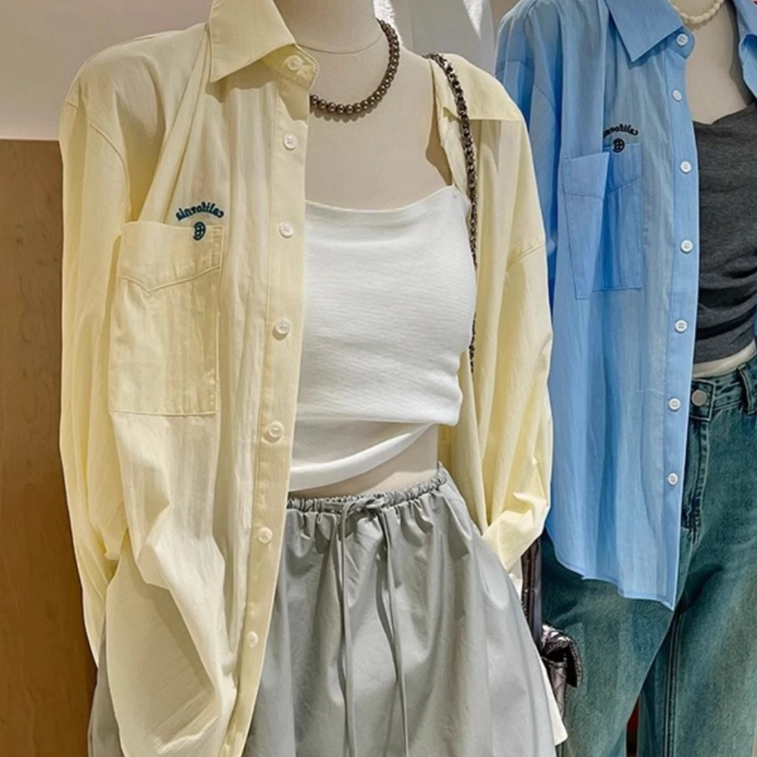 芊芊芙黄色防晒衬衫女夏2025新款字母刺绣宽松开衫薄外搭休闲上衣