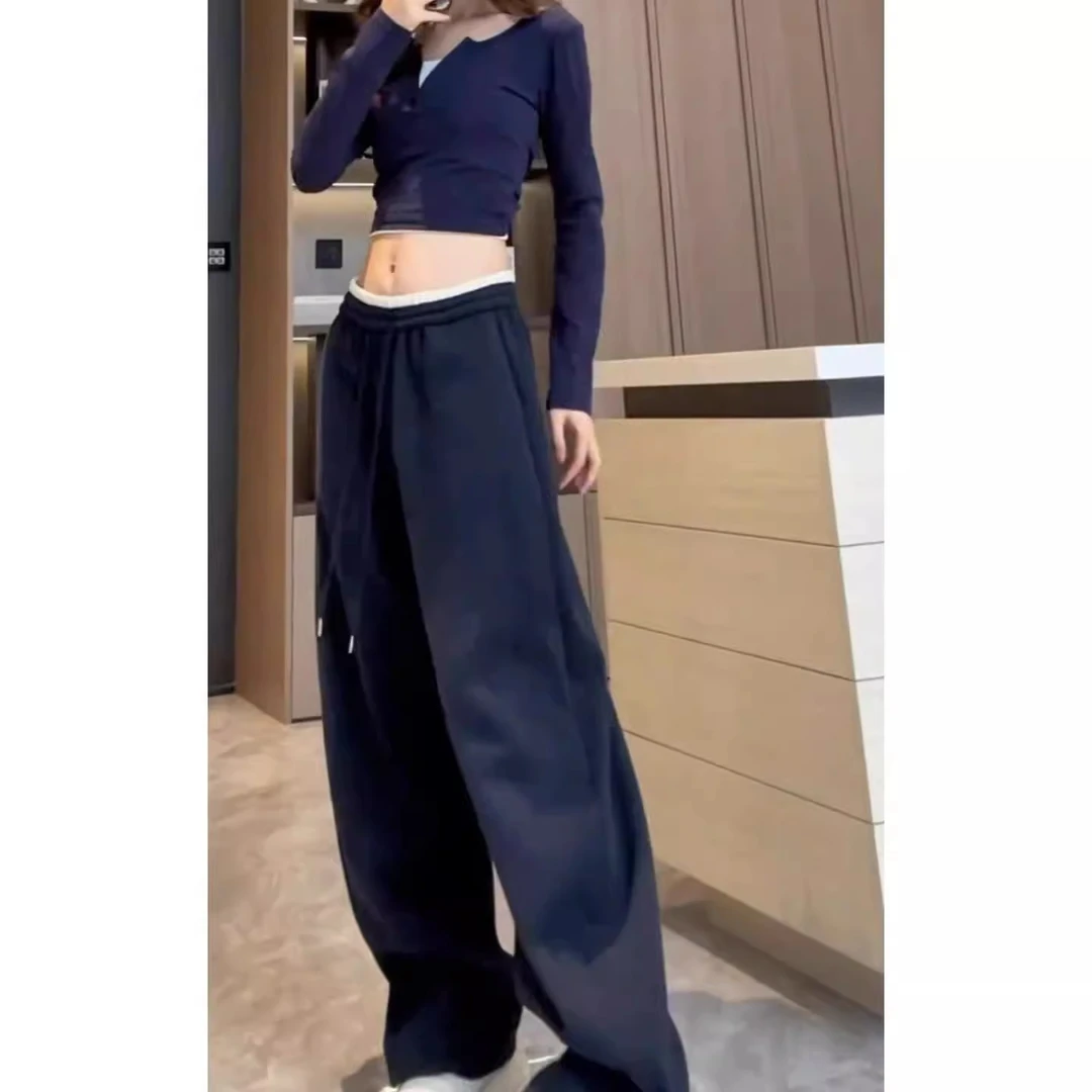 芊芊芙藏蓝色加绒加厚抽绳弯刀裤拼接高腰阔腿休闲卫裤女装春秋款