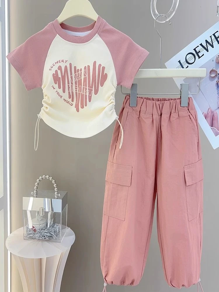 女童套装夏装2024新款中大儿童短袖T恤工装裤两件套女孩夏季衣服