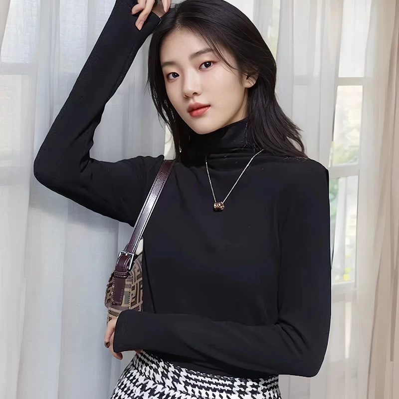 秋冬针织黑色洋气修身百搭显瘦高领保暖双面德绒长袖羊绒打底衫