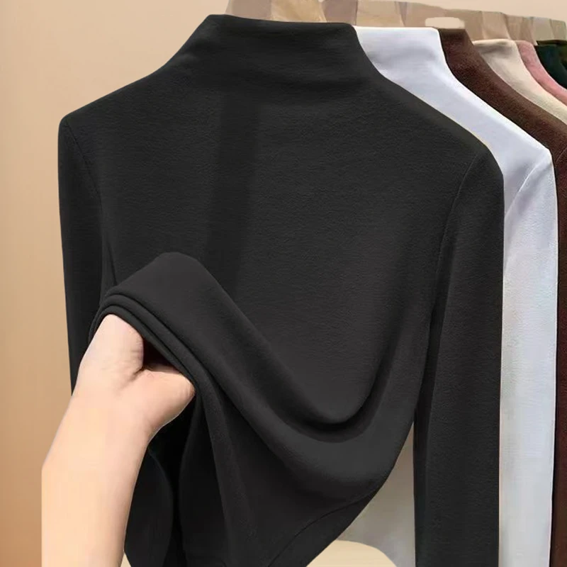 秋冬季潮牌时尚纯色保暖百搭修身半高领双面德绒长袖羊绒打底衫