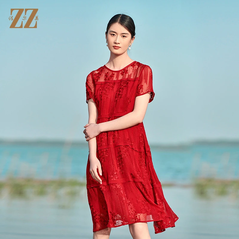 佐尔美夏季红色显瘦女士宽松桑蚕丝真丝乔其绣花连衣裙女E22LS78