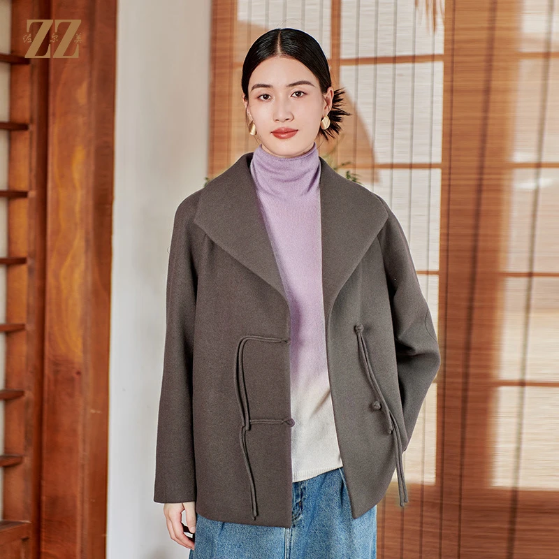 佐尔美冬季新款 绵羊毛浪漫国风时髦流苏简约盘扣大衣女E34ZD30