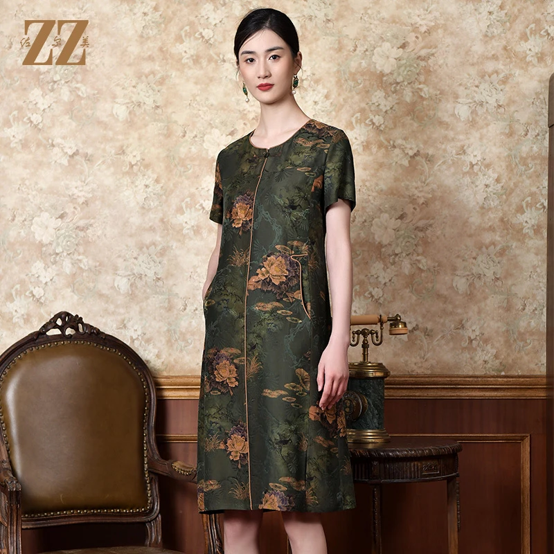 佐尔美2022夏款香云纱红云纱桑蚕丝桑波缎印花连衣裙女E22LS49