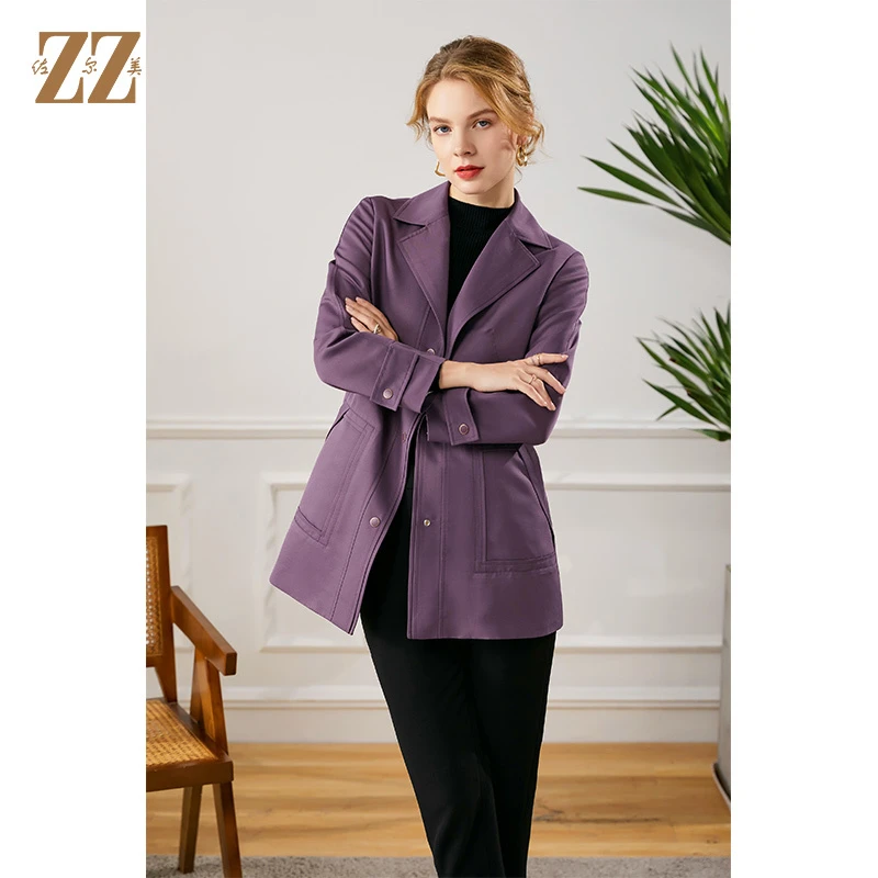 佐尔美秋季新款西装领气质简约短款风衣时尚外套中长款女E13FD27