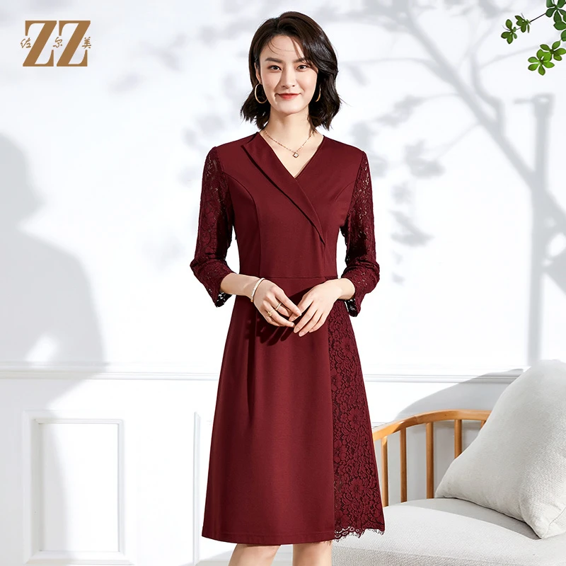 ZZ/佐尔美V领蕾丝镂空9分袖收腰绣花中长女连衣裙E11LL21
