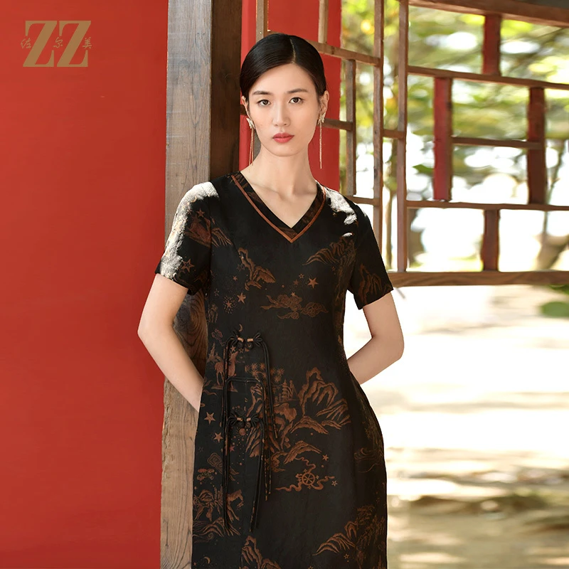 佐尔美夏季新款 国风优雅桑蚕丝真丝连衣裙女E32LS27-0817