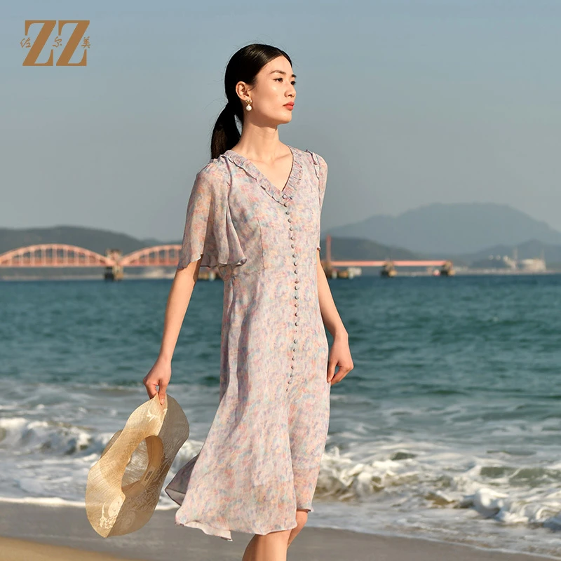 夏季优雅气质收腰真丝乔其法式碎花连衣裙女E32LS03小碎花